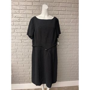 NWT Tahari Women ASL Black Pinstriped Square Neckline Short Sleeve Self-Belted M